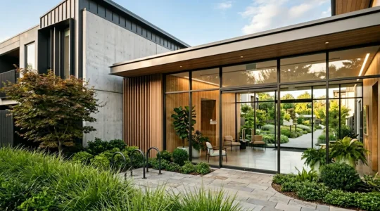 Portal de edificio residencial moderno con jardines bien cuidados y entrada luminosa