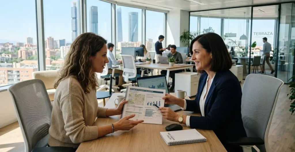 Un profesional inmobiliario de traje contemporáneo muestra un informe a un cliente en una oficina moderna con luz natural Un profesional inmobiliario de traje contemporáneo muestra un informe a un cliente en una oficina moderna con luz natural