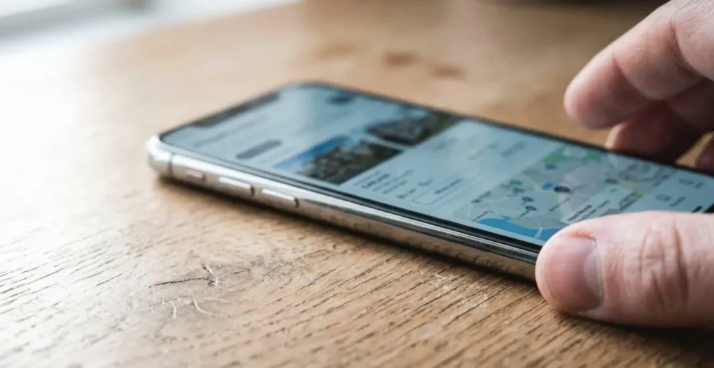 Primer plano de un smartphone moderno sobre mesa de madera mostrando una interfaz de búsqueda inmobiliaria con contenido difuminado Primer plano de un smartphone moderno sobre mesa de madera mostrando una interfaz de búsqueda inmobiliaria con contenido difuminado